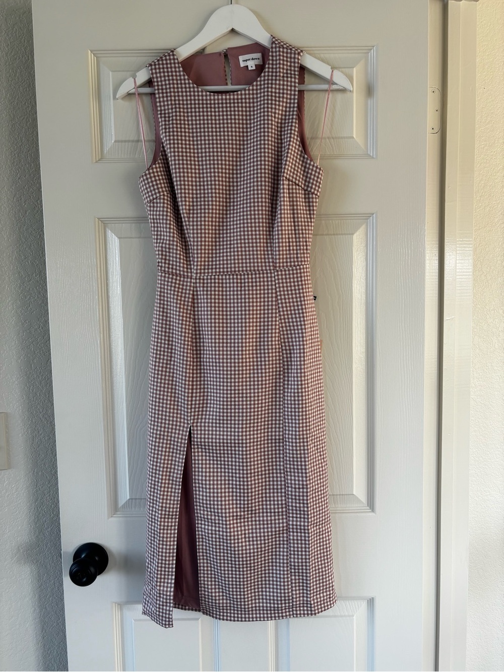 superdown Pink Gingham Sheath Dress with Front Slit